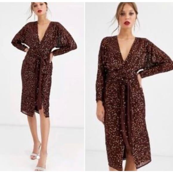 ASOS DESIGN midi dress with batwing sleeve and wrap waist‎ in scatter sequin - Picture 1 of 8